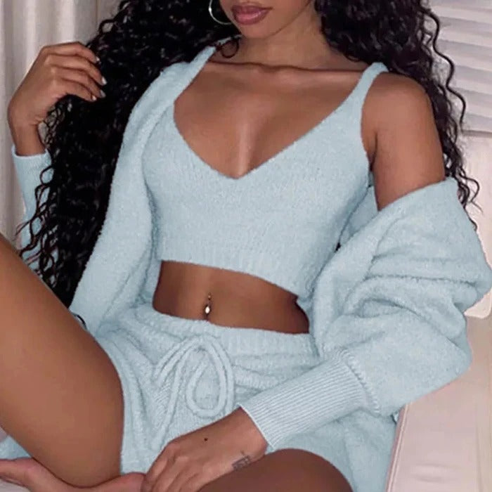 Women’s 3 Piece Loungewear – Long Sleeve Top & Shorts Set - Image 4