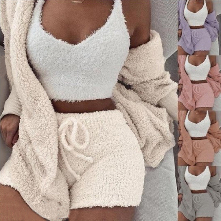 Women’s 3 Piece Loungewear – Long Sleeve Top & Shorts Set
