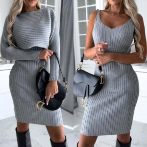 Women’s 2-Piece Outfit Set – Long Sleeve Top & Suspender Skirt