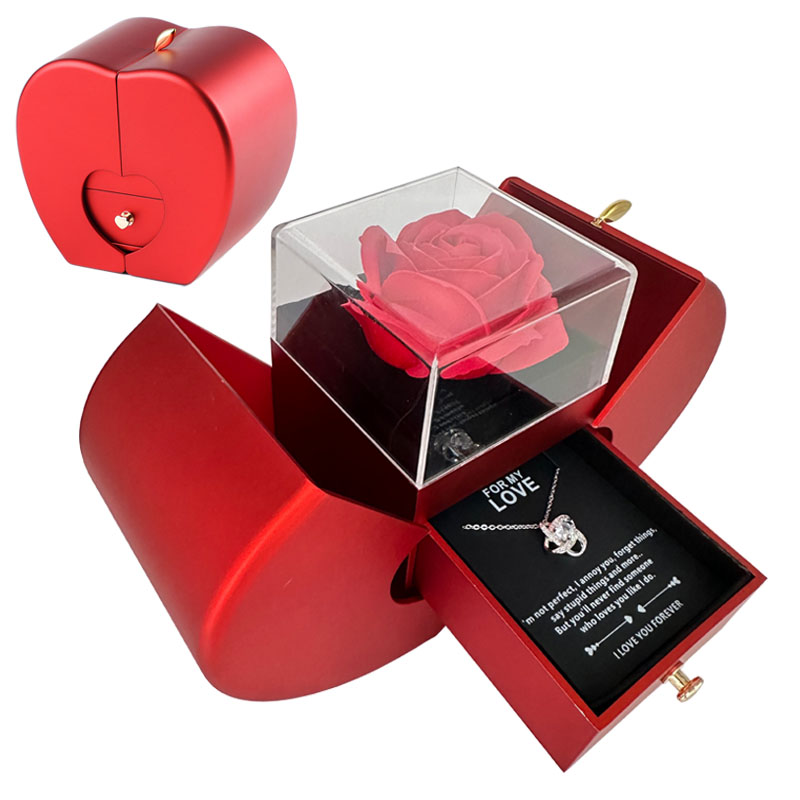 Red Apple Rose Jewelry Box – Heart Necklace Gift Set
